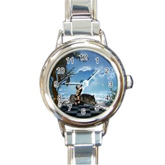 Cute Little Fairy With Wolf On The Beach Round Italian Charm Watch by FantasyWorld7