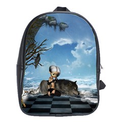 Cute Little Fairy With Wolf On The Beach School Bag (large) by FantasyWorld7