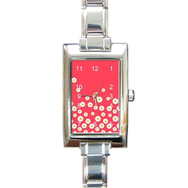 White Daisies Flower Pattern on washed Red Background retro style Rectangle Italian Charm Watch