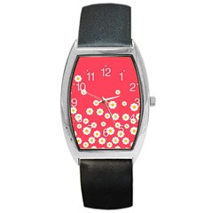 White Daisies Flower Pattern On Washed Red Background Retro Style Barrel Style Metal Watch by genx