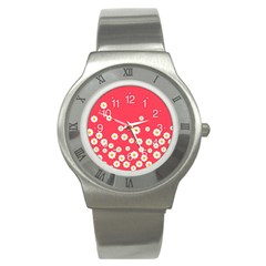 White Daisies Flower Pattern On Washed Red Background Retro Style Stainless Steel Watch by genx