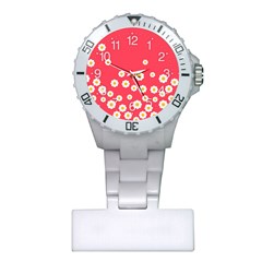 White Daisies Flower Pattern On Washed Red Background Retro Style Plastic Nurses Watch by genx