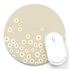 White Daisies Flower Pattern On Vintage Pastel Beige Background Retro Style Round Mousepads by genx