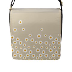 White Daisies Flower Pattern On Vintage Pastel Beige Background Retro Style Flap Closure Messenger Bag (l) by genx