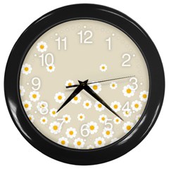 White Daisies Flower Pattern On Vintage Pastel Beige Background Retro Style Wall Clock (black) by genx