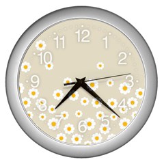 White Daisies Flower Pattern On Vintage Pastel Beige Background Retro Style Wall Clock (silver) by genx