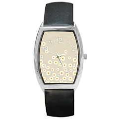 White Daisies Flower Pattern On Vintage Pastel Beige Background Retro Style Barrel Style Metal Watch by genx