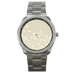 White Daisies Flower Pattern On Vintage Pastel Beige Background Retro Style Sport Metal Watch by genx