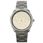 White Daisies Flower Pattern on vintage pastel beige Background retro style Sport Metal Watch Front