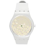 White Daisies Flower Pattern on vintage pastel beige Background retro style Round Plastic Sport Watch (M) Front