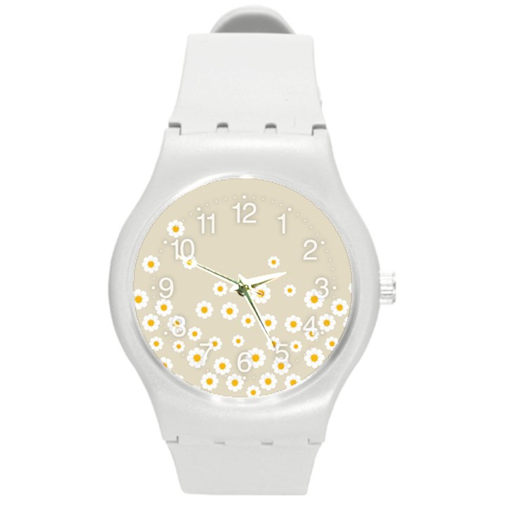 White Daisies Flower Pattern on vintage pastel beige Background retro style Round Plastic Sport Watch (M)