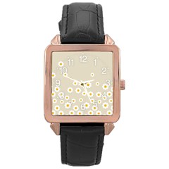 White Daisies Flower Pattern On Vintage Pastel Beige Background Retro Style Rose Gold Leather Watch  by genx