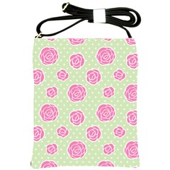 Roses Flowers Pink And Pastel Lime Green Pattern With Retro Dots Shoulder Sling Bag by genx