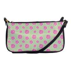 Roses Flowers Pink And Pastel Lime Green Pattern With Retro Dots Shoulder Clutch Bag by genx