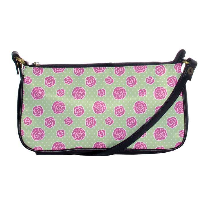 Roses flowers pink and pastel lime green pattern with retro dots Shoulder Clutch Bag