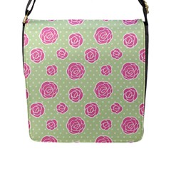 Roses Flowers Pink And Pastel Lime Green Pattern With Retro Dots Flap Closure Messenger Bag (l) by genx