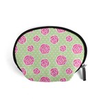 Roses flowers pink and pastel lime green pattern with retro dots Accessory Pouch (Small) Front