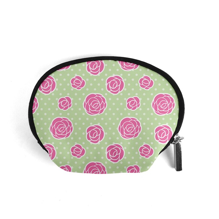 Roses flowers pink and pastel lime green pattern with retro dots Accessory Pouch (Small)