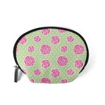 Roses flowers pink and pastel lime green pattern with retro dots Accessory Pouch (Small) Back