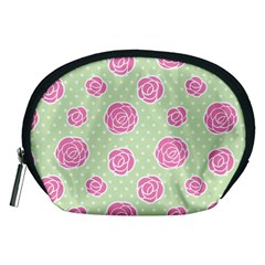 Roses Flowers Pink And Pastel Lime Green Pattern With Retro Dots Accessory Pouch (medium) by genx