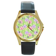 Lily Flowers Green Plant Natural Round Gold Metal Watch by Pakrebo