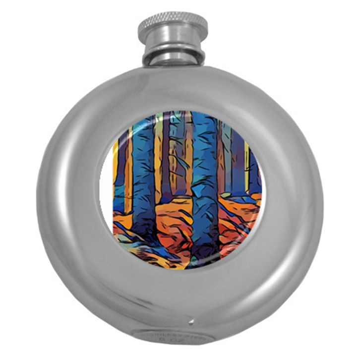 Woods Trees Abstract Scene Forest Round Hip Flask (5 oz)