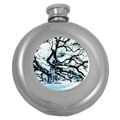 Tree Winter Blue Snow Cold Scene Round Hip Flask (5 Oz) by Pakrebo