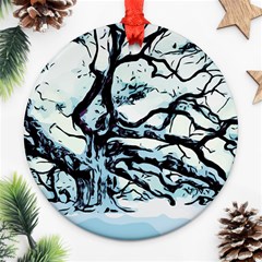 Tree Winter Blue Snow Cold Scene Round Ornament (two Sides) by Pakrebo