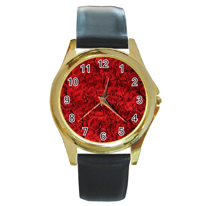 Rose Roses Flowers Red Valentine Round Gold Metal Watch