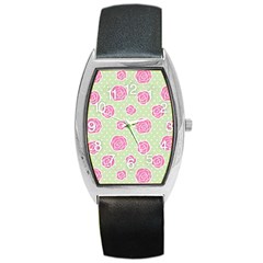 Roses Flowers Pink And Pastel Lime Green Pattern With Retro Dots Barrel Style Metal Watch by genx