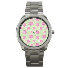 Roses Flowers Pink And Pastel Lime Green Pattern With Retro Dots Sport Metal Watch by genx