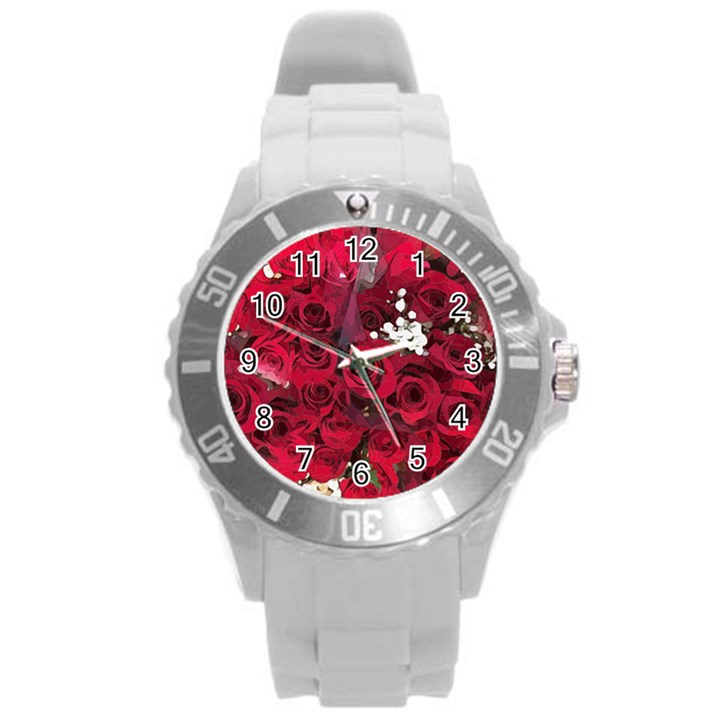 Roses Baby S Breath Bouquet Floral Round Plastic Sport Watch (L)