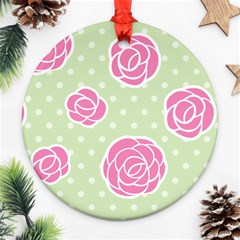 Roses Flowers Pink And Pastel Lime Green Pattern With Retro Dots Ornament (round) by genx