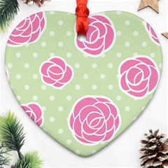 Roses Flowers Pink And Pastel Lime Green Pattern With Retro Dots Ornament (heart) by genx