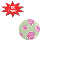 Roses Flowers Pink And Pastel Lime Green Pattern With Retro Dots 1  Mini Magnets (100 Pack)  by genx