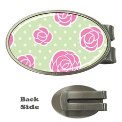 Roses Flowers Pink And Pastel Lime Green Pattern With Retro Dots Money Clips (oval)  by genx