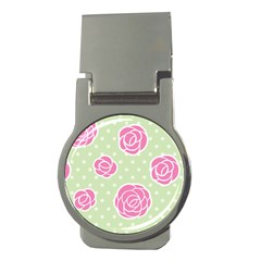 Roses Flowers Pink And Pastel Lime Green Pattern With Retro Dots Money Clips (round)  by genx