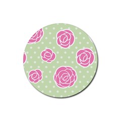 Roses Flowers Pink And Pastel Lime Green Pattern With Retro Dots Rubber Round Coaster (4 Pack)  by genx