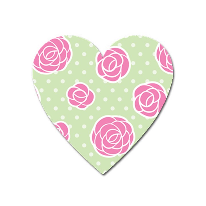 Roses flowers pink and pastel lime green pattern with retro dots Heart Magnet