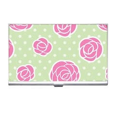 Roses Flowers Pink And Pastel Lime Green Pattern With Retro Dots Business Card Holder by genx