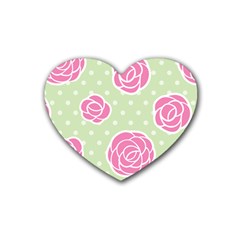 Roses Flowers Pink And Pastel Lime Green Pattern With Retro Dots Rubber Coaster (heart)  by genx