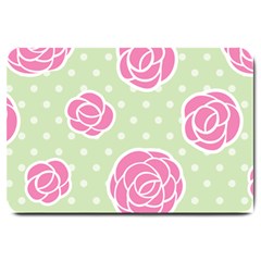 Roses Flowers Pink And Pastel Lime Green Pattern With Retro Dots Large Doormat  by genx