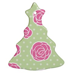 Roses Flowers Pink And Pastel Lime Green Pattern With Retro Dots Ornament (christmas Tree)  by genx