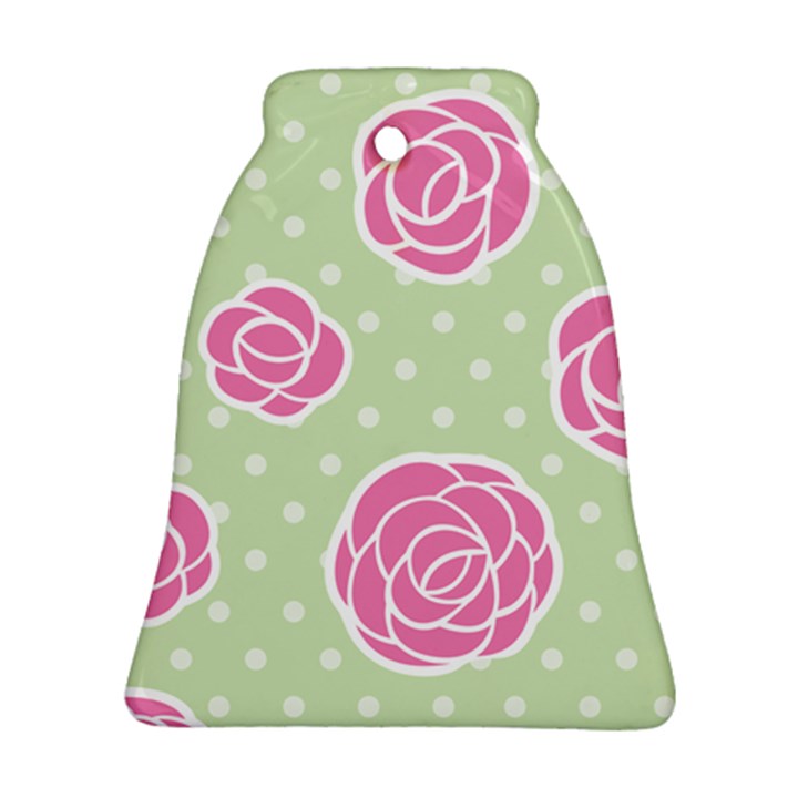 Roses flowers pink and pastel lime green pattern with retro dots Ornament (Bell)