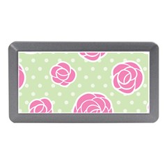 Roses Flowers Pink And Pastel Lime Green Pattern With Retro Dots Memory Card Reader (mini) by genx