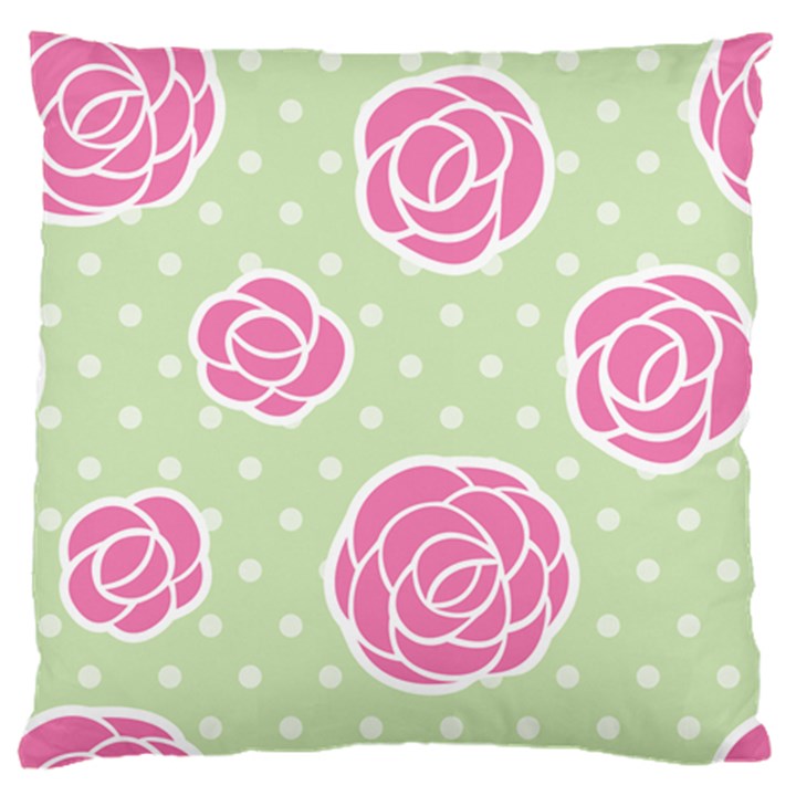 Roses flowers pink and pastel lime green pattern with retro dots Large Cushion Case (One Side)