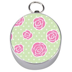 Roses Flowers Pink And Pastel Lime Green Pattern With Retro Dots Silver Compasses by genx