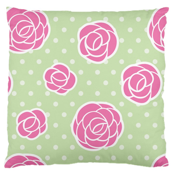 Roses flowers pink and pastel lime green pattern with retro dots Large Flano Cushion Case (Two Sides)