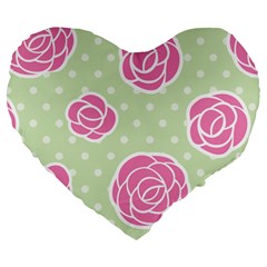 Roses Flowers Pink And Pastel Lime Green Pattern With Retro Dots Large 19  Premium Flano Heart Shape Cushions by genx