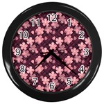 Cherry Blossoms Japanese Style Pink Wall Clock (Black) Front